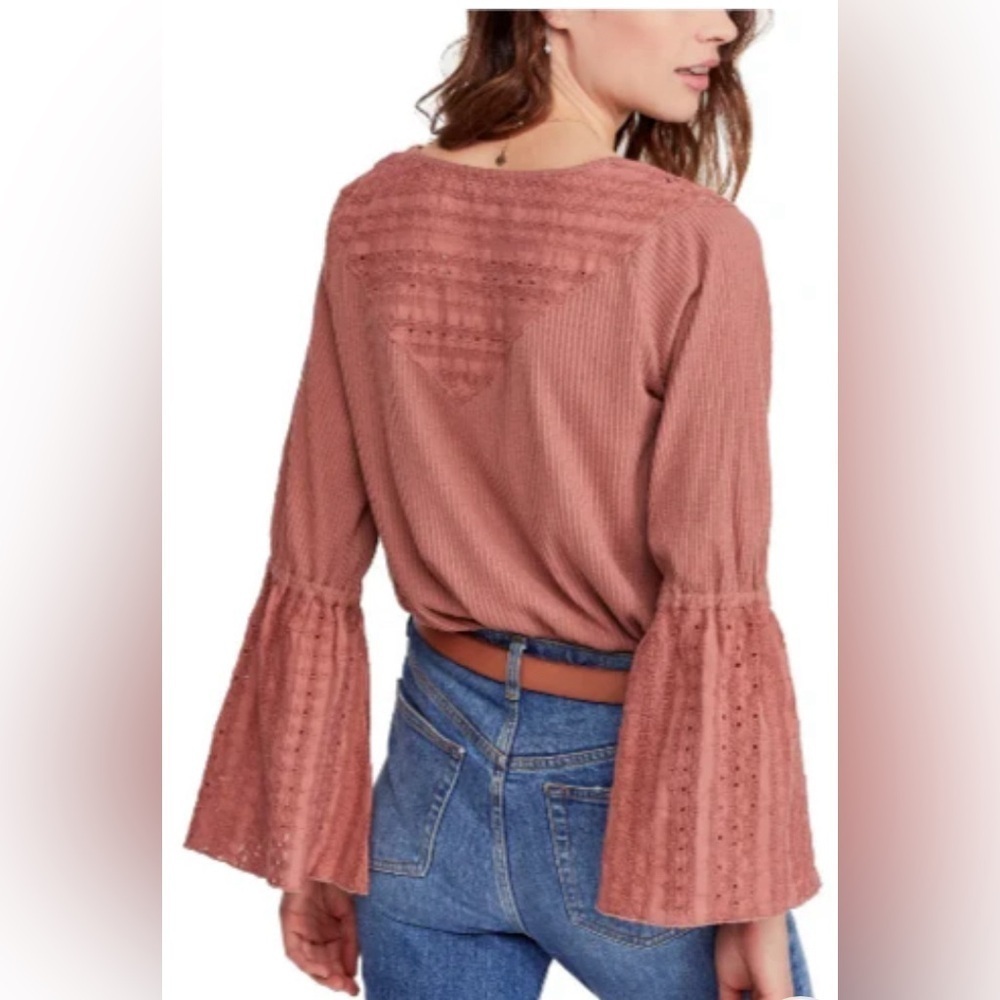 Free People Belle Sleeve Eyelet Top Blouse Parisian Nights Women Small Pink $88